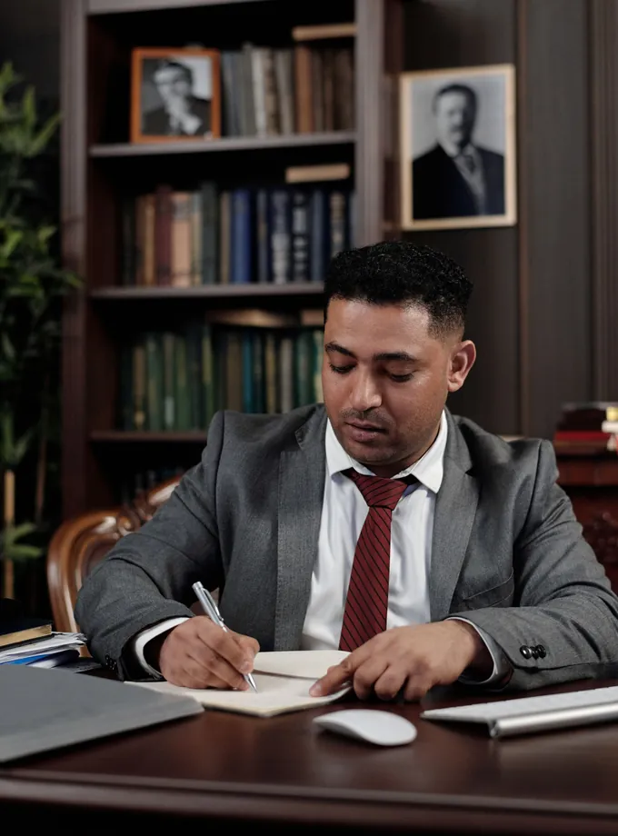 Attorney in a gray suit writing in a notebook at a desk in a book-lined office