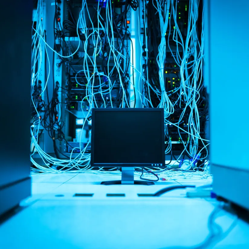 Blank computer monitor in front of server racks covered in tangled network cables