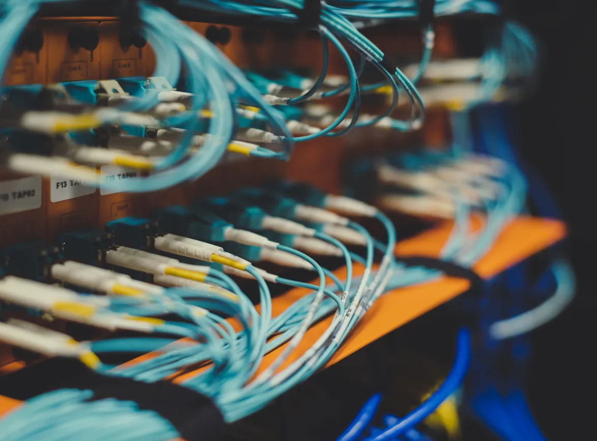 Closeup of many cables with blue wires plugged in modern switch with similar adapters