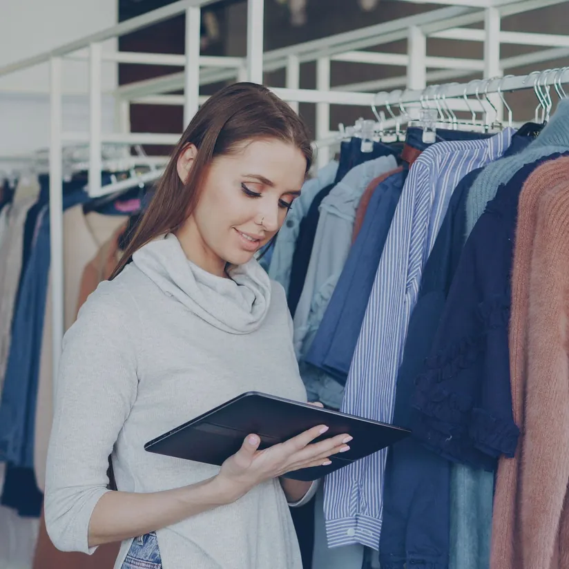 Boutique employee checking a tablet beside racks of clothing