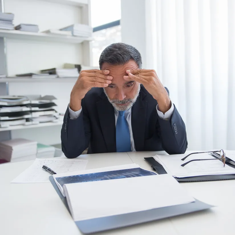 Stressed executive with his hands on his forehead staring at an open report at his desk