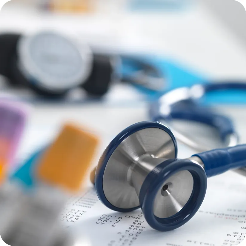 Close-up of a stethoscope on printed test results, with a blood pressure cuff and medicine packs blurred behind