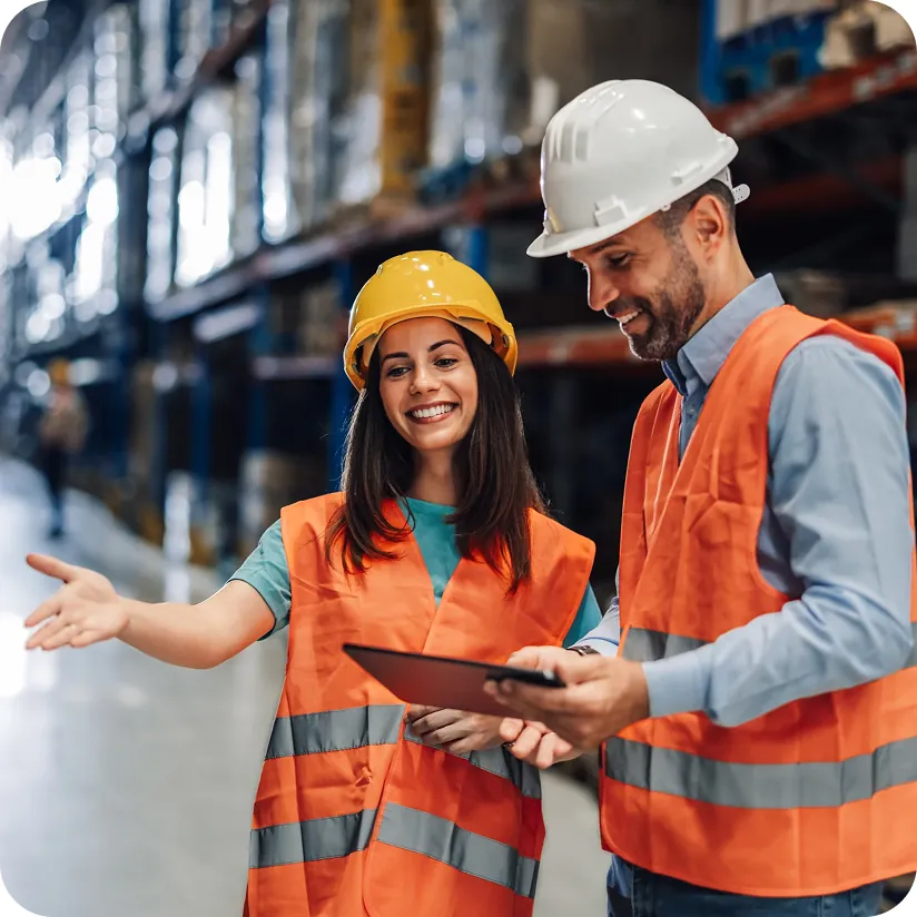Warehouse supervisors in hard hats and safety vests checking a tablet as one points down a storage aisle