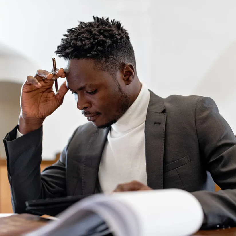 Professional in a blazer reading a thick document at a desk, pen raised to his temple