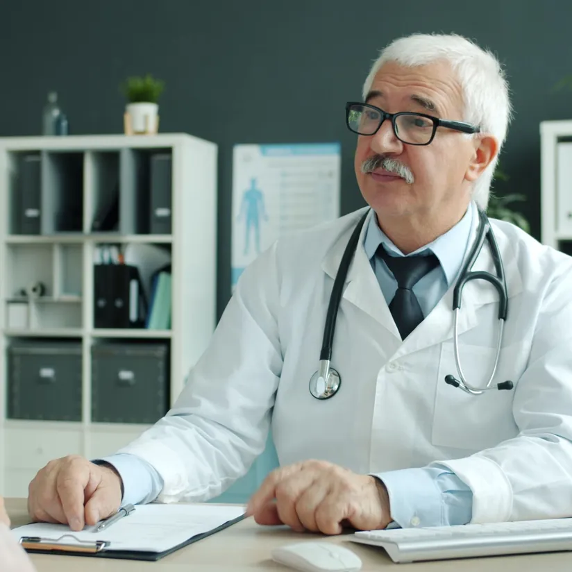 Senior doctor with a stethoscope talking with a patient across his desk, clipboard notes and keyboard in front of him