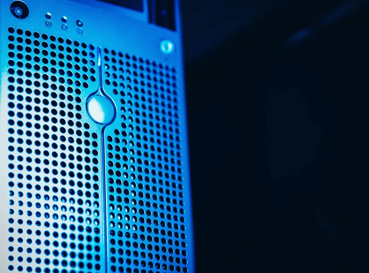 Modern server rack with blue lighting in a secure data center environment