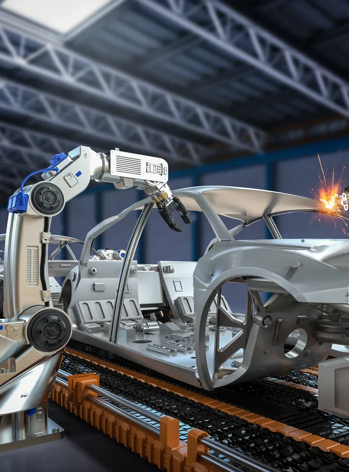 Robotic arms welding a car body frame on an automotive assembly line conveyor