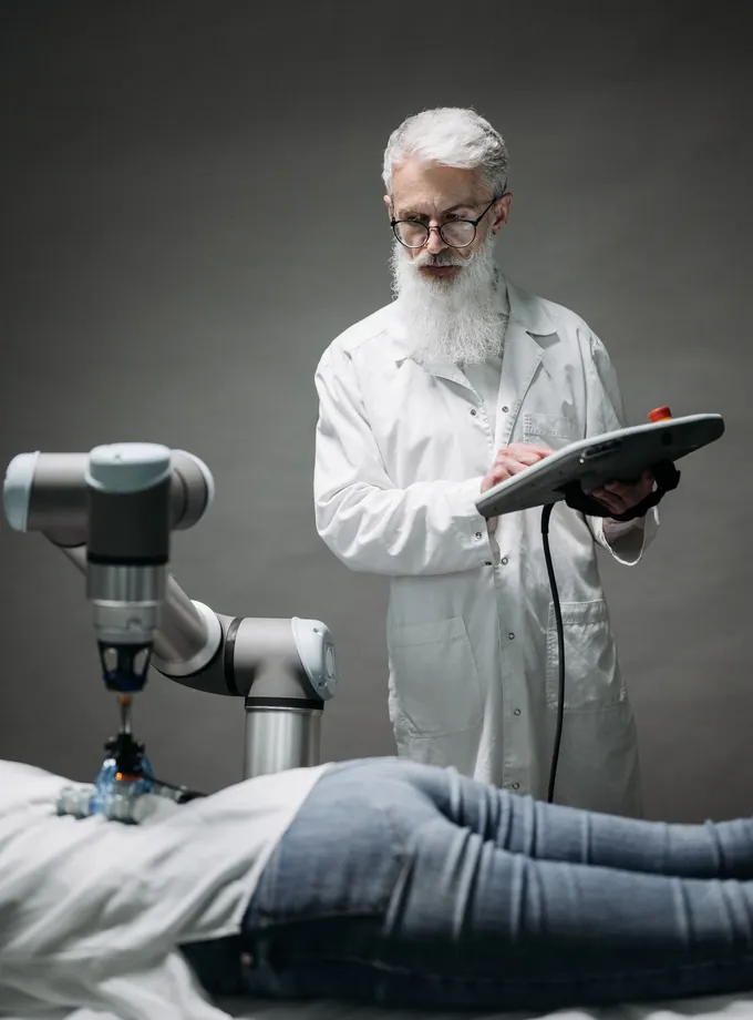 Clinician in a white coat uses a control tablet to guide a robotic arm working over a patient on a treatment table
